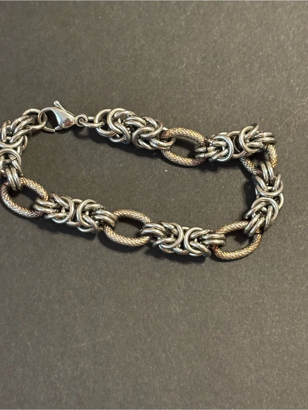 GM China Stainless Steel 7” Byzantine Link Bracelet Two-Tone Textured Oval Links